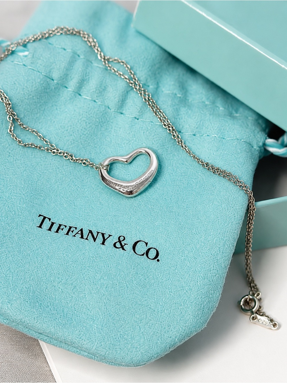 Tiffany & Co. Elsa Peretti Open Heart Sterling Silver Necklace Full Set & COA